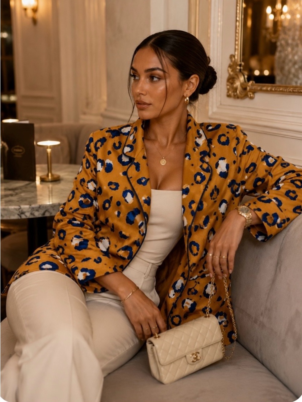 Women’s Mustard Animal Print Blazer – Stylish notched lapel pockets